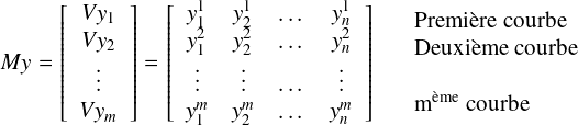 My = \left[
\begin{array}{c}
Vy_1 \\
Vy_2 \\
\vdots \\
Vy_m 
\end{array}
\right]= \left[
\begin{array}{cccc}
y_1^1 &amp; y_2^1 &amp; \dots &amp; y_n^1 \\
y_1^2 &amp; y_2^2 &amp; \dots &amp; y_n^2 \\
\vdots &amp; \vdots &amp; \dots &amp; \vdots \\
y_1^m &amp; y_2^m &amp; \dots &amp; y_n^m 
\end{array}
\right]
\quad
\begin{tabular}{l}
Première courbe \\
Deuxième courbe \\
\\
m$^{\text{ème}}$ courbe
\end{tabular}